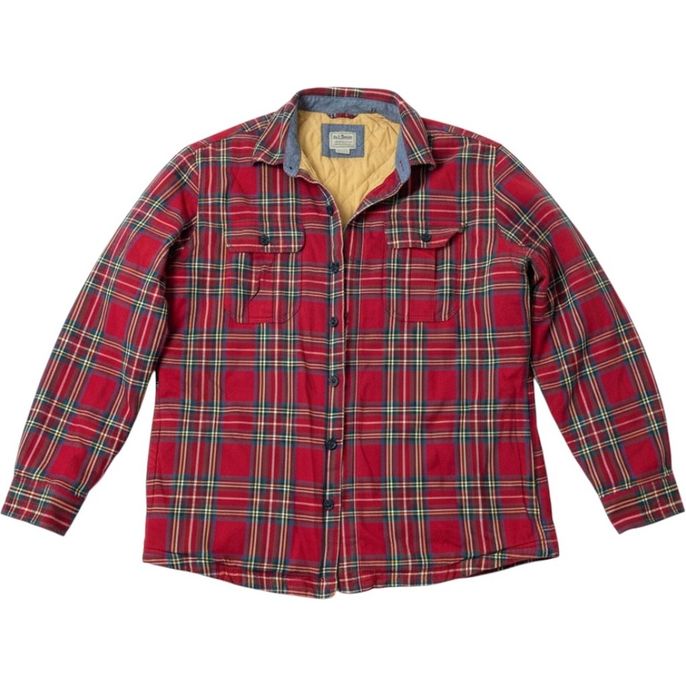 LL Bean Primaloft Insulated Flannel Shirt Jacket Red Plaid Slightly Fitted L-Reg
